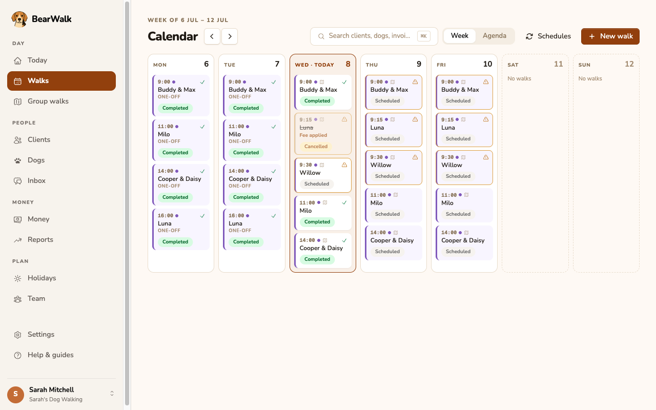 BearWalk's dog walking schedule calendar: a week of group walks with completed, scheduled and cancelled statuses, including a late cancellation with its fee applied