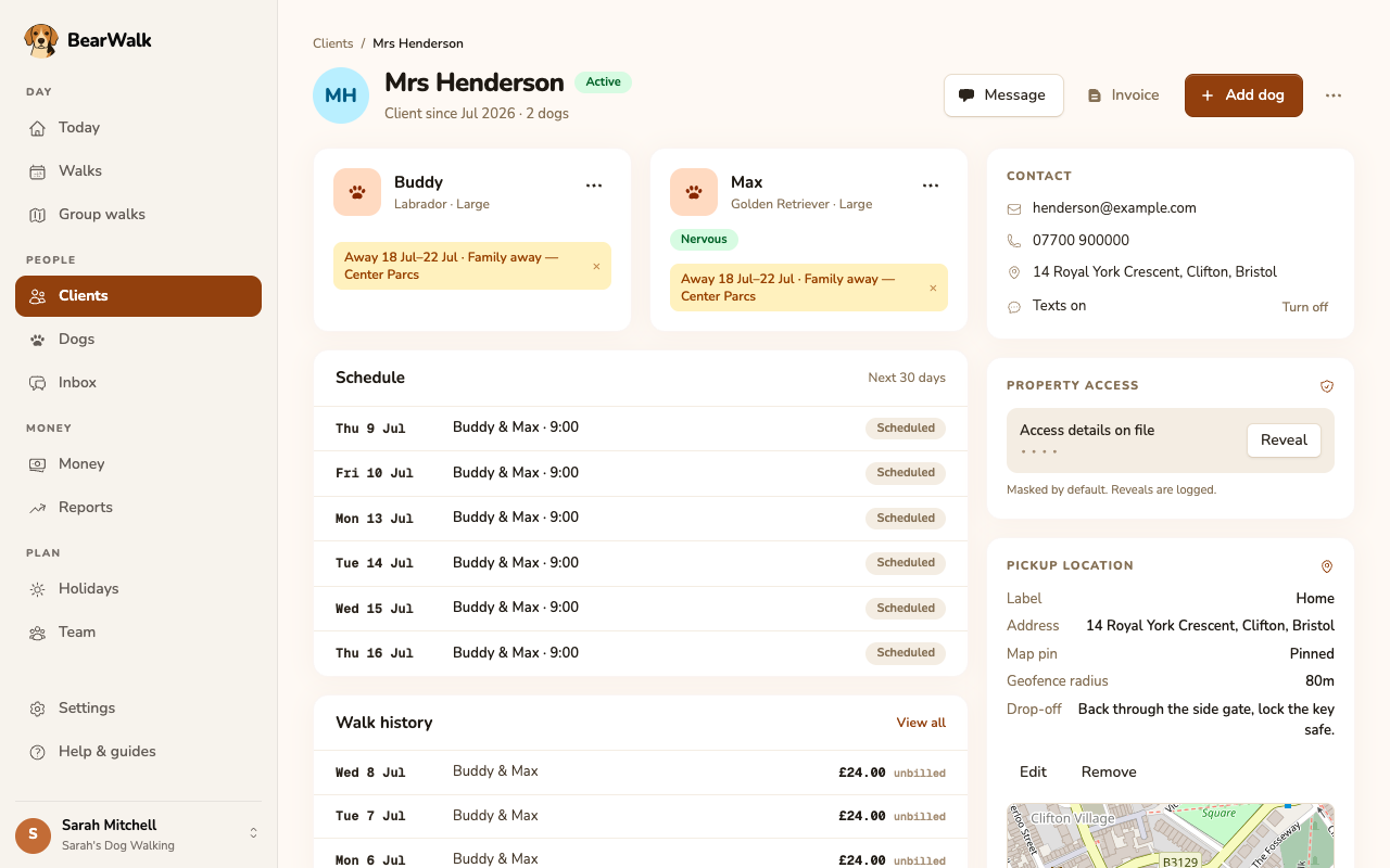 BearWalk client record showing dogs, schedule, walk history, contact details, masked property-access details with reveal logging, and a pinned pickup location