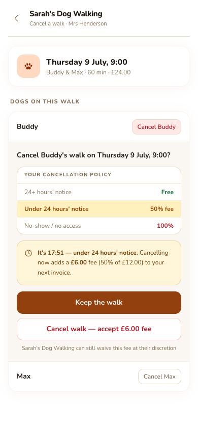 BearWalk's client portal cancellation flow on a phone: the walker's cancellation policy bands and the calculated £6.00 late-cancellation fee shown before the client confirms