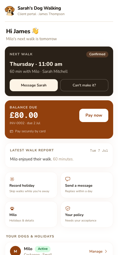 The BearWalk client portal home on a phone: the next confirmed walk, a balance-due card, the latest walk report and quick actions for holidays and messages